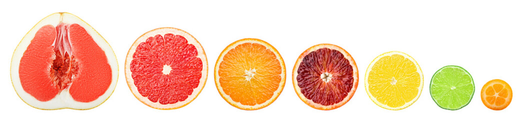 citrus slice isolated on white background, pomelo, grapefruit, orange, lemon, lime, kumquat,...