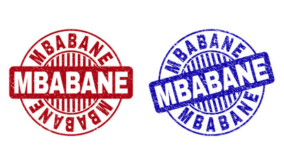 Grunge MBABANE round stamp seals isolated on a white background. Round seals with grunge texture in red and blue colors. Vector rubber imprint of MBABANE tag inside circle form with stripes.