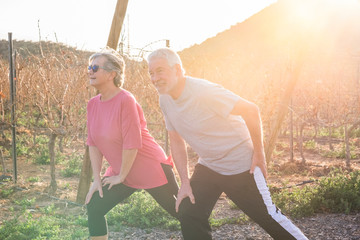 Happy active couple of old senior cacuasian people man and woman do fitness stretching for healthy...
