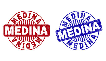 Grunge MEDINA round stamp seals isolated on a white background. Round seals with grunge texture in red and blue colors. Vector rubber imitation of MEDINA label inside circle form with stripes.
