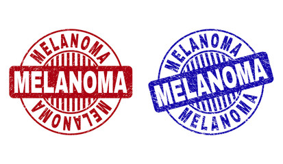 Grunge MELANOMA round stamp seals isolated on a white background. Round seals with grunge texture in red and blue colors. Vector rubber watermark of MELANOMA caption inside circle form with stripes.