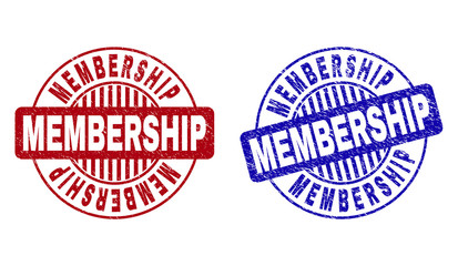 Grunge MEMBERSHIP round stamp seals isolated on a white background. Round seals with grunge texture in red and blue colors. Vector rubber overlay of MEMBERSHIP title inside circle form with stripes.