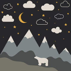 Night mountain landscape with new moon and stars. Baby room wallpaper © Didem Hizar