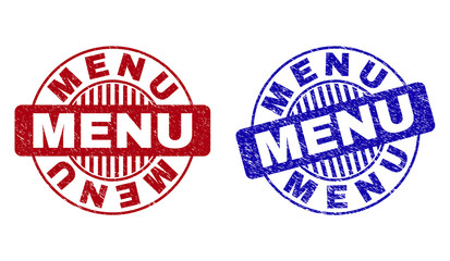 Grunge MENU round stamp seals isolated on a white background. Round seals with grunge texture in red and blue colors. Vector rubber imprint of MENU text inside circle form with stripes.