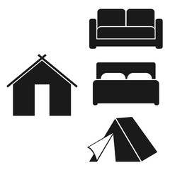 Home furniture. Real estate and recreation. Cartoon icons of modern and vintage retro bed