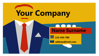 Bright business card in the youth style. Business card which depicts an abstract man with a mustache.