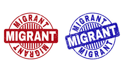 Grunge MIGRANT round stamp seals isolated on a white background. Round seals with grunge texture in red and blue colors. Vector rubber overlay of MIGRANT tag inside circle form with stripes.