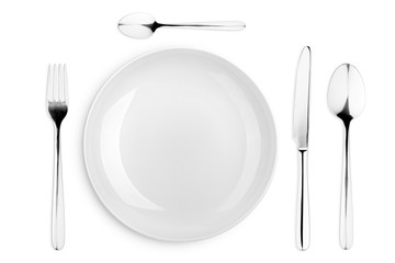 Empty plate, Spoon, teaspoon, fork, knife, clipping path, white background, isolated, top view