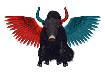 Keep your feet on the ground but open wings in the air - Dual Personality – Surreal Hybrid of Yak and Macaw – Metaphor of  Good and Evil concept - 259939421