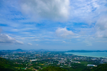 city near the sea from a height