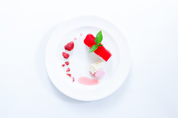 Top view cake strawberry yogurt on white backgrounds