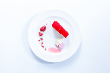 Top view cake strawberry yogurt on white backgrounds