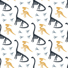 Dinosaur skeleton and fossils. Vector seamless pattern. Original design with parasaurolophus, diplodocus and traces. Print for T-shirts, textiles, web. White background.