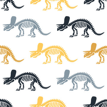 Dinosaur skeleton and fossils. Vector seamless pattern. Original design with triceratops. Print for T-shirts, textiles, web. White background.
