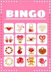 Bingo card for game with love elements in cartoon style.