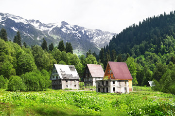 Fototapeta na wymiar Old abandoned houses in Auadhara. Spring mountain landscape. Caucasus Mountains, Republic of Abkhazia.
