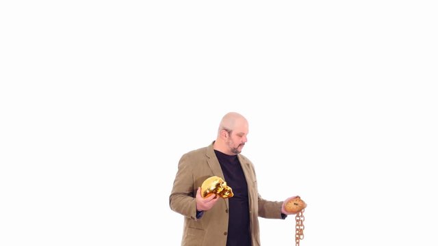 death & time symbols in hands of man camera approaching from afar