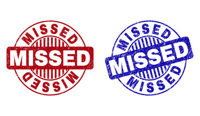 Grunge MISSED round stamp seals isolated on a white background. Round seals with grunge texture in red and blue colors. Vector rubber imprint of MISSED caption inside circle form with stripes.