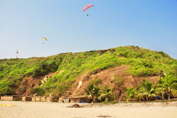Paragliding over Arambol beach. North Goa, India