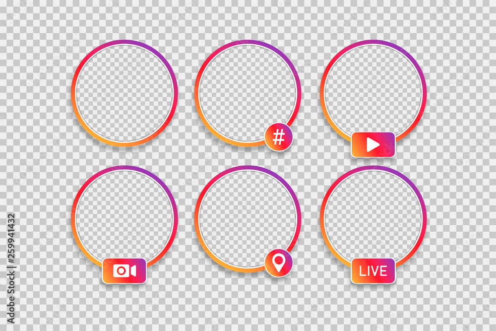Poster social media avatar frames. set of web colorful signs on transparent background with shadows.