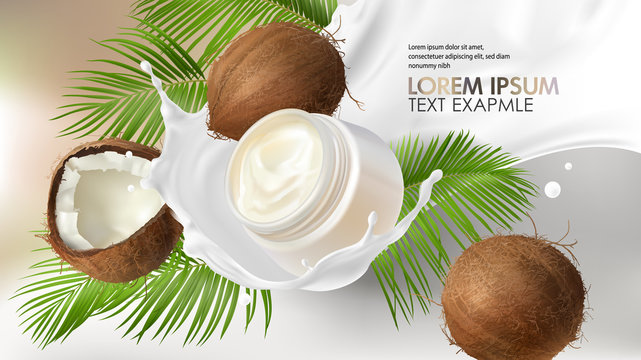 Cosmetic realistic vector background. White jar with organic cream falling in milk splash near cracked coconut with tropic green palm leaves. Mock up promo banner, concept poster for natural cosmetics