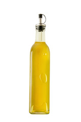 Olive oil bottle on white. Cooking ingredients. Oil isolated.