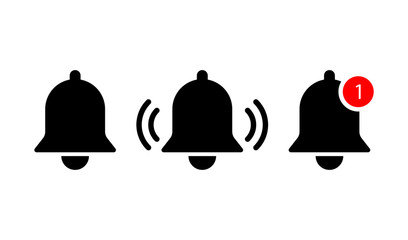 Black bells on white background or notification symbols isolated.