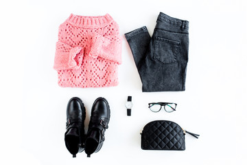 Women fashion clothes and accessories. Feminine youth collage on white background top view. Flat...
