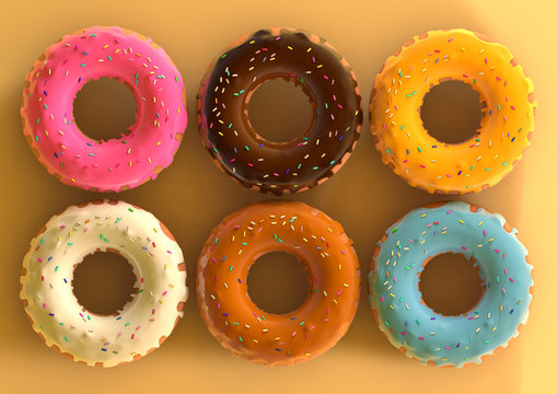 Six doughnuts on a counter