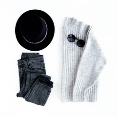 Women fashion clothes and accessories. Feminine youth collage on white background top view. Flat...