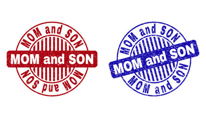 Grunge MOM AND SON round stamp seals isolated on a white background. Round seals with distress texture in red and blue colors.