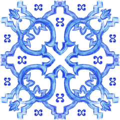 Azulejos Portuguese watercolorAzulejos - Portuguese tiles blue watercolor pattern. Traditional tribal ornament
