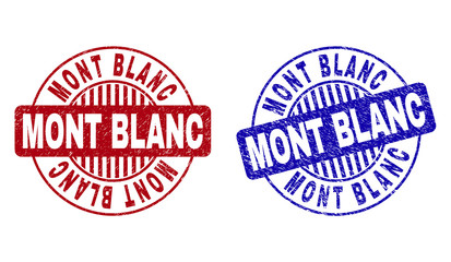 Grunge MONT BLANC round stamp seals isolated on a white background. Round seals with grunge texture in red and blue colors. Vector rubber imitation of MONT BLANC text inside circle form with stripes.
