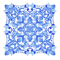 Azulejos Portuguese watercolorAzulejos - Portuguese tiles blue watercolor pattern. Traditional tribal ornament