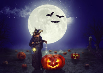 Old fairy on pumpkin field at moon night
