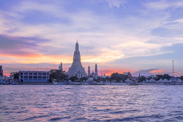 Wat Arun Ratchawararam, Best of tourism  in Bangkok Thailand at sunset. purple tone