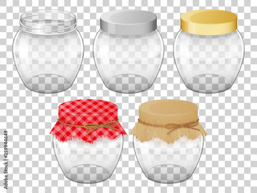 Poster set of empty glass jars with lid for home made and jam. realistic style. vector illustration. transp