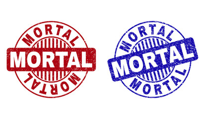 Grunge MORTAL round stamp seals isolated on a white background. Round seals with grunge texture in red and blue colors. Vector rubber imprint of MORTAL text inside circle form with stripes.