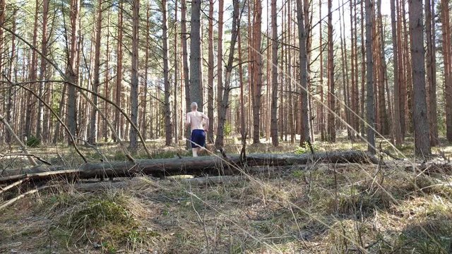 The young man goes in for sports in the forest. Athlete in the woods.