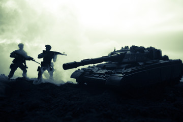 War Concept. Military silhouettes fighting scene on war fog sky background, World War Soldiers...