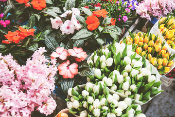 fresh flowers sale at street market, small business concept