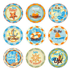 Vector set of cute bright summer badges with slogans. Sea star, cocktail, diving set, anchor, yacht, beacon, handwheel, surf.