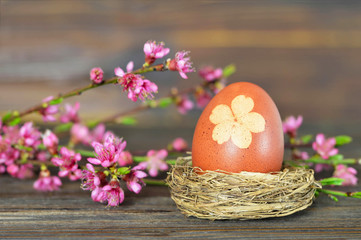 Fototapeta na wymiar Easter egg in the nest and spring flowers