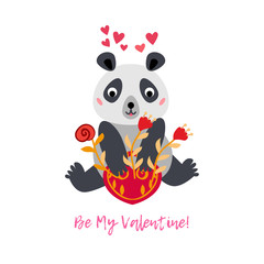 Valentine's day greeting card with panda bear and red flowers