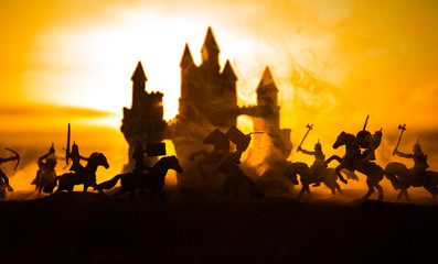 Medieval battle scene with cavalry and infantry. Silhouettes of figures as separate objects, fight...