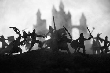 Medieval battle scene with cavalry and infantry. Silhouettes of figures as separate objects, fight...