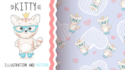 Cute princess kitty - seamless pattern