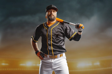 Professional baseball player in action on grand arena in evening during a game. - Powered by Adobe