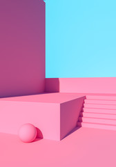 3D rendering geometry with pink and blue square platform background - Illustration.