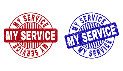 Grunge MY SERVICE round stamp seals isolated on a white background. Round seals with grunge texture in red and blue colors. Vector rubber overlay of MY SERVICE title inside circle form with stripes.